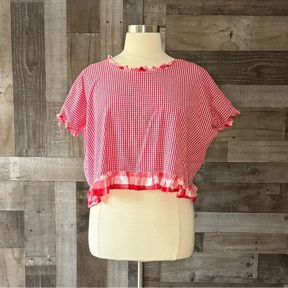 Handmade red gingham plaid ruffle trim top large festival boho garden party - Picture 5 of 10